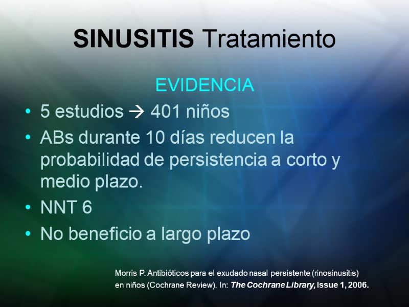 SINUSITIS Tratamiento EVIDENCIA 5 estudios  401 niños ABs durante 10 días reducen la